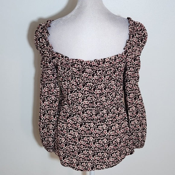 Maje Black and Pink Floral Smocked Ruffle Blouse Size 2 NWT