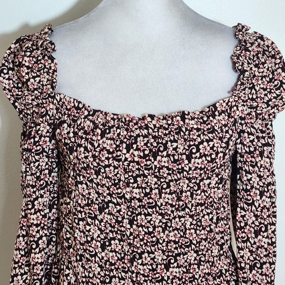 Maje Black and Pink Floral Smocked Ruffle Blouse Size 2 NWT