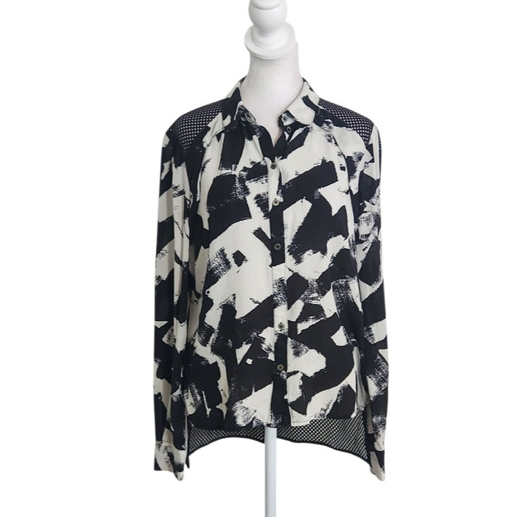 L.A.M.B. Black and White Abstract Print Silk Blouse with Mesh Back Size Small