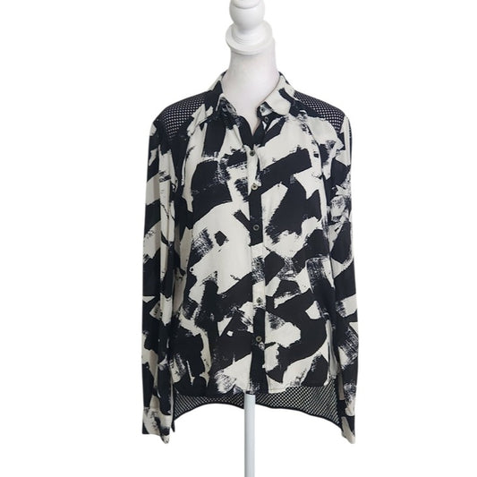 L.A.M.B. Black and White Abstract Print Silk Blouse with Mesh Back Size Small