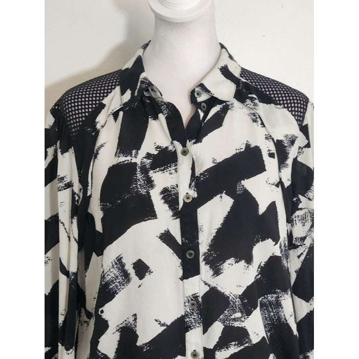 L.A.M.B. Black and White Abstract Print Silk Blouse with Mesh Back Size Small