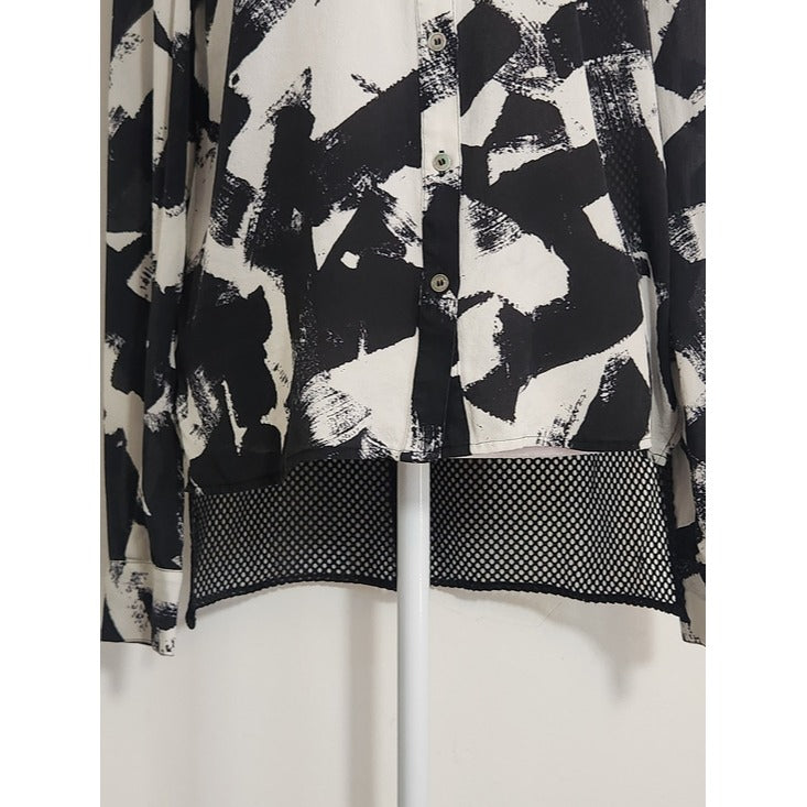 L.A.M.B. Black and White Abstract Print Silk Blouse with Mesh Back Size Small