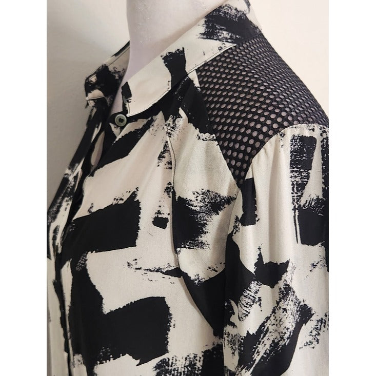 L.A.M.B. Black and White Abstract Print Silk Blouse with Mesh Back Size Small