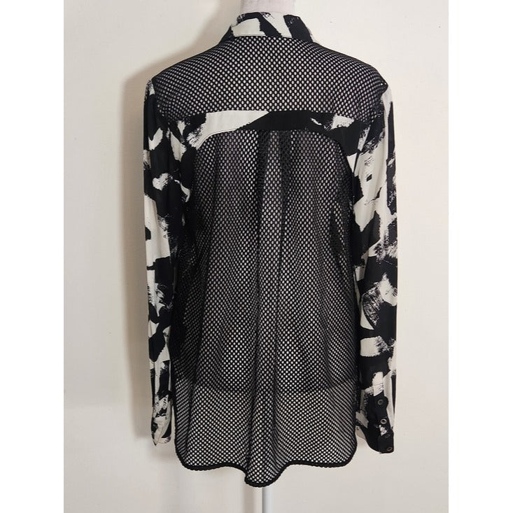 L.A.M.B. Black and White Abstract Print Silk Blouse with Mesh Back Size Small
