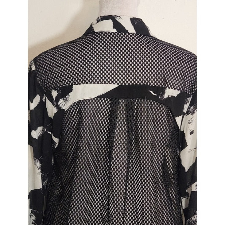L.A.M.B. Black and White Abstract Print Silk Blouse with Mesh Back Size Small