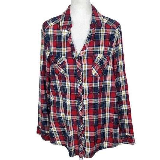 Tantrums Red and Navy Plaid Flannel Button Down Shirt Size Medium