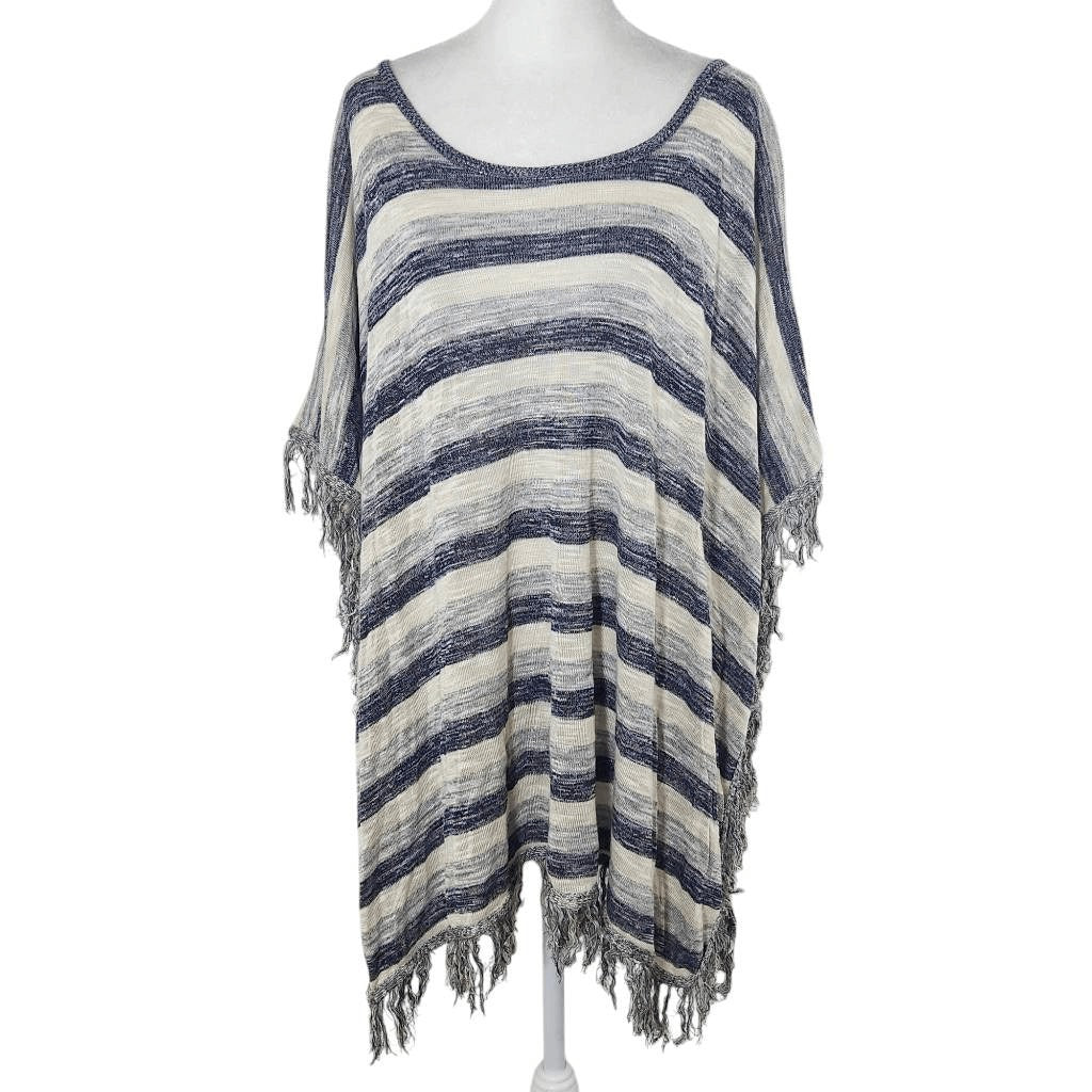 Say What? Navy and Gray Striped Poncho with Fringe Hemline NWOT One Size