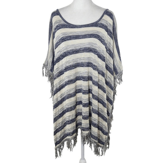 Say What? Navy and Gray Striped Poncho with Fringe Hemline NWOT One Size