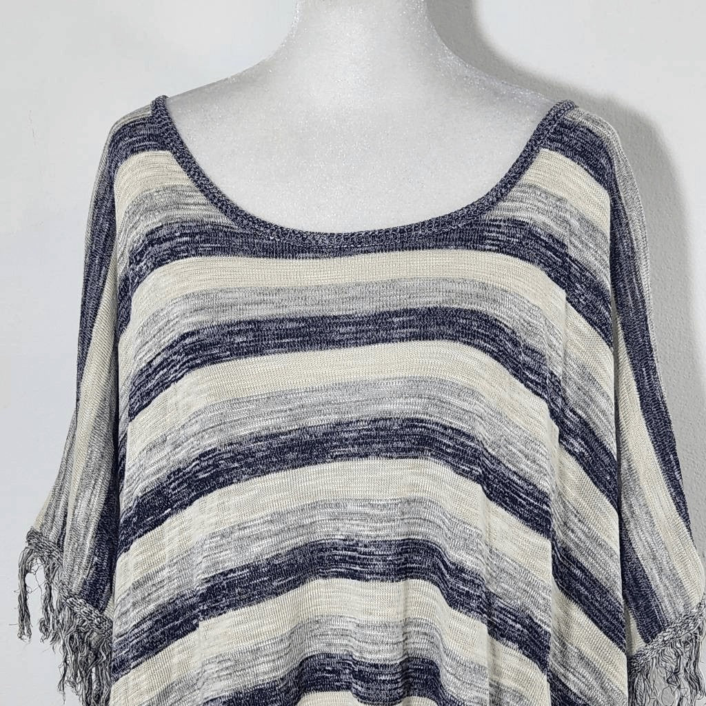 Say What? Navy and Gray Striped Poncho with Fringe Hemline NWOT One Size