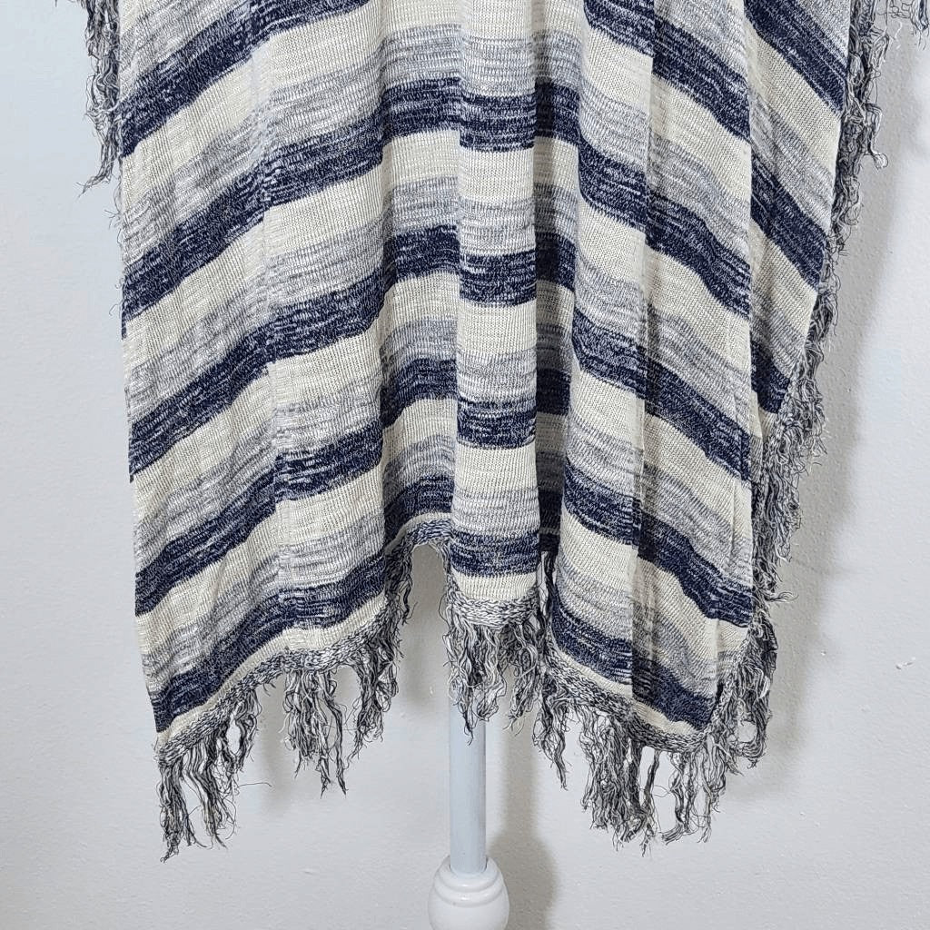 Say What? Navy and Gray Striped Poncho with Fringe Hemline NWOT One Size