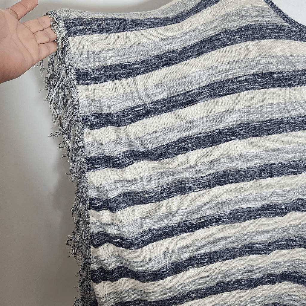Say What? Navy and Gray Striped Poncho with Fringe Hemline NWOT One Size