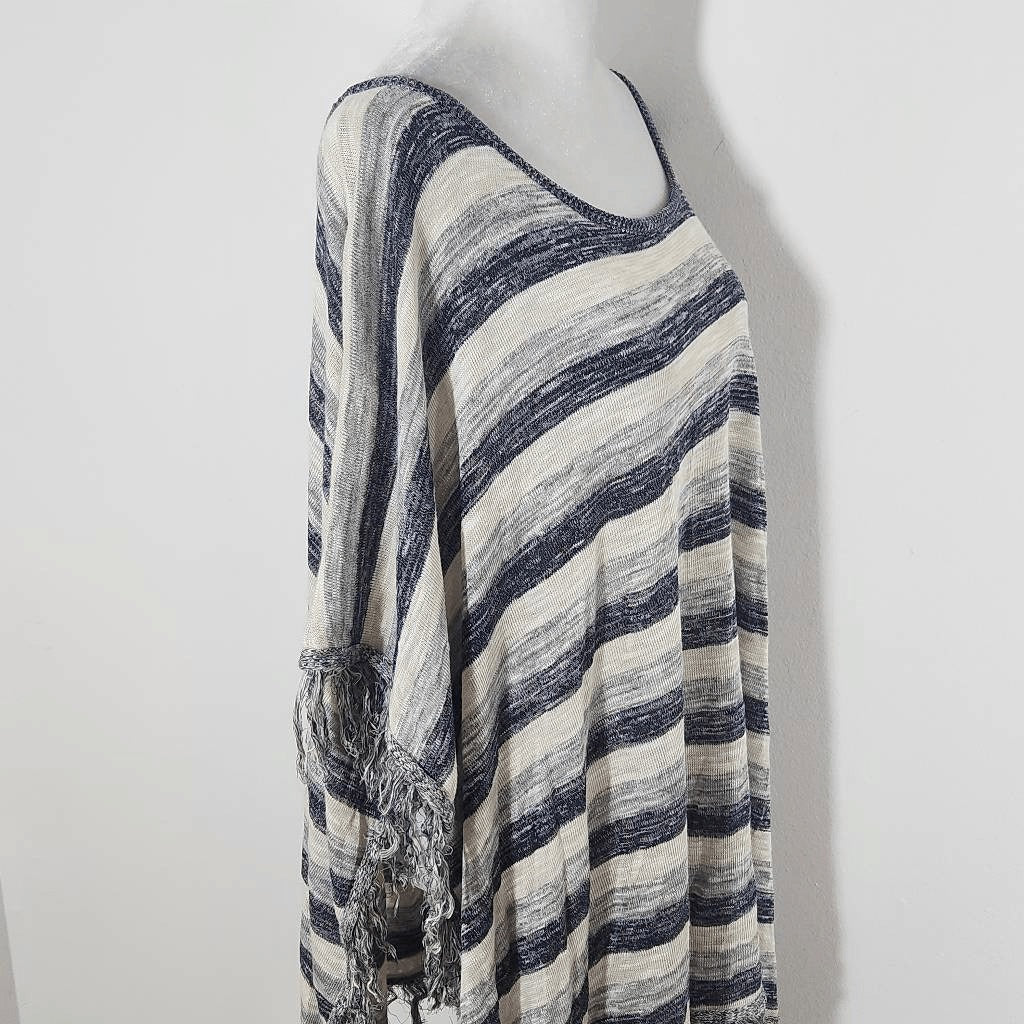 Say What? Navy and Gray Striped Poncho with Fringe Hemline NWOT One Size