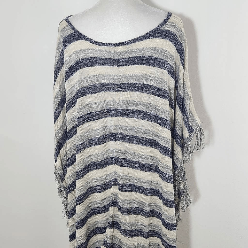 Say What? Navy and Gray Striped Poncho with Fringe Hemline NWOT One Size