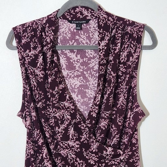 41 Hawthorn Burgundy Floral Print Sleeveless Wrap-Look Top Size Large
