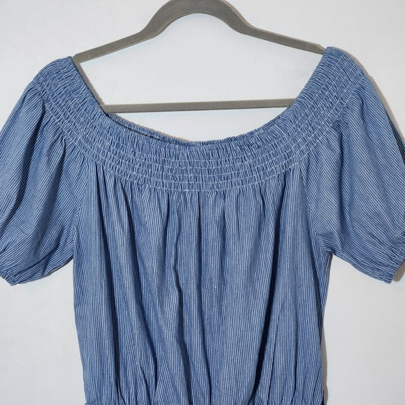 Fashion Nova Short Sleeve Blue and White Stripe Chambray Romper Size Medium NWT