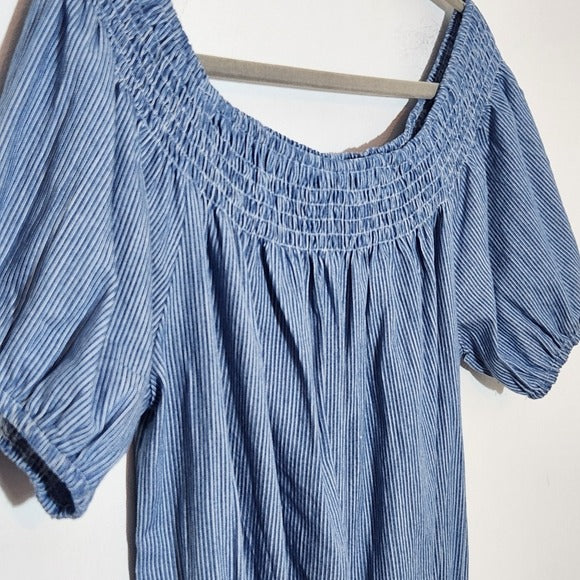 Fashion Nova Short Sleeve Blue and White Stripe Chambray Romper Size Medium NWT