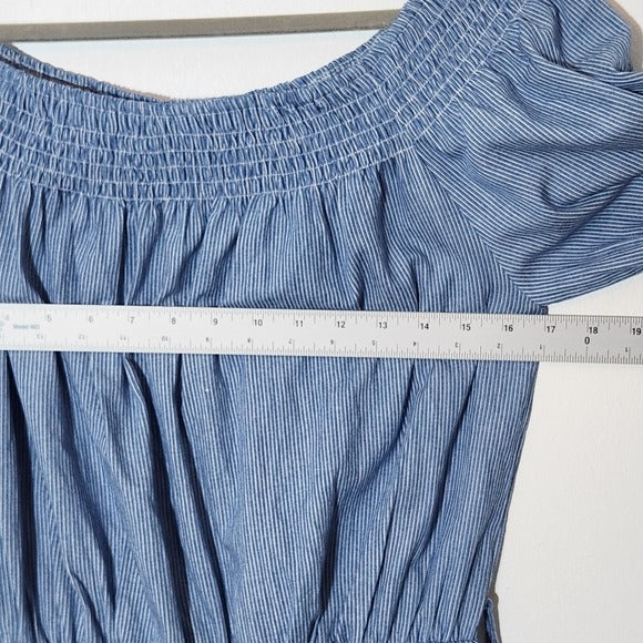 Fashion Nova Short Sleeve Blue and White Stripe Chambray Romper Size Medium NWT