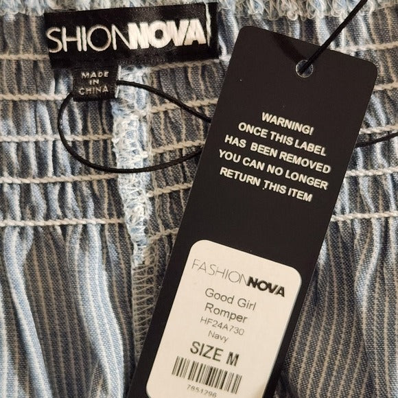 Fashion Nova Short Sleeve Blue and White Stripe Chambray Romper Size Medium NWT