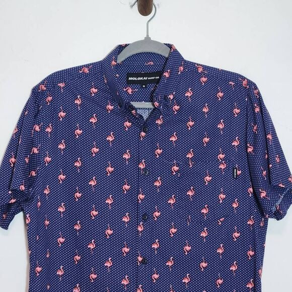 Molokai Surf Co. Navy Flamingo Print Short-Sleeve Button-Down Shirt Size Medium