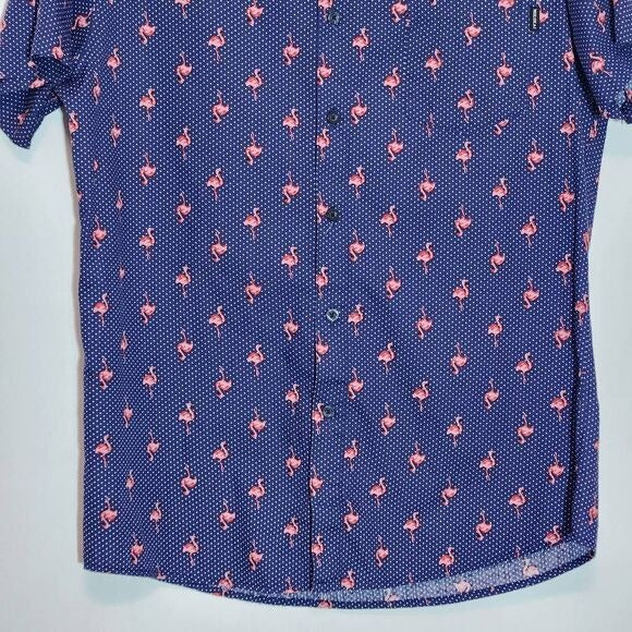 Molokai Surf Co. Navy Flamingo Print Short-Sleeve Button-Down Shirt Size Medium