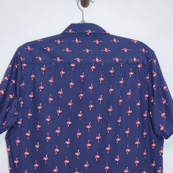 Molokai Surf Co. Navy Flamingo Print Short-Sleeve Button-Down Shirt Size Medium
