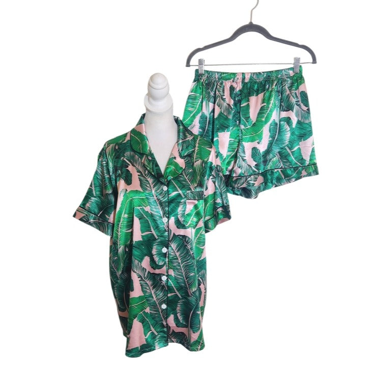 Green and Pink Tropical Palm Print Satin Pajama Set Size Large