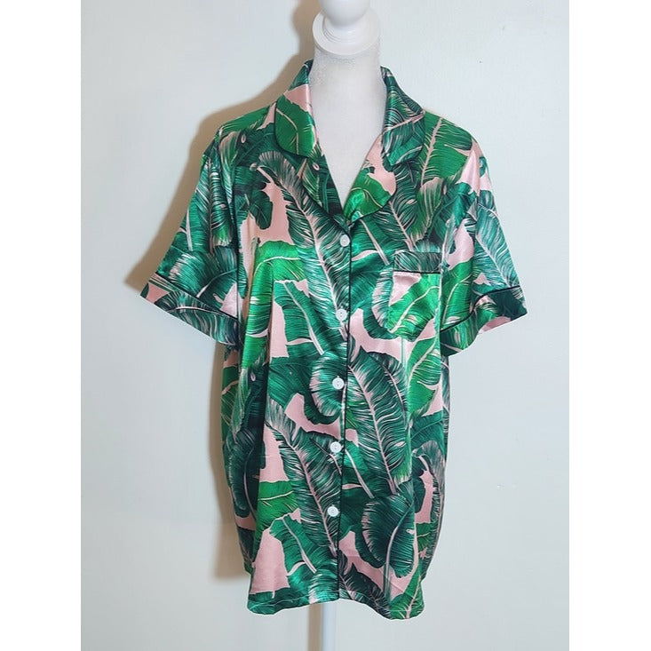 Green and Pink Tropical Palm Print Satin Pajama Set Size Large