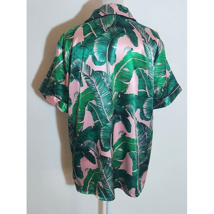 Green and Pink Tropical Palm Print Satin Pajama Set Size Large