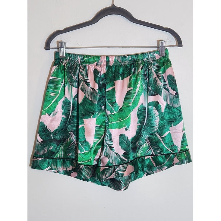 Green and Pink Tropical Palm Print Satin Pajama Set Size Large