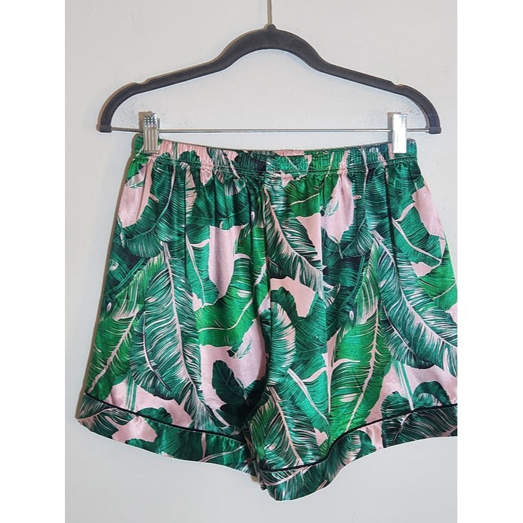 Green and Pink Tropical Palm Print Satin Pajama Set Size Large