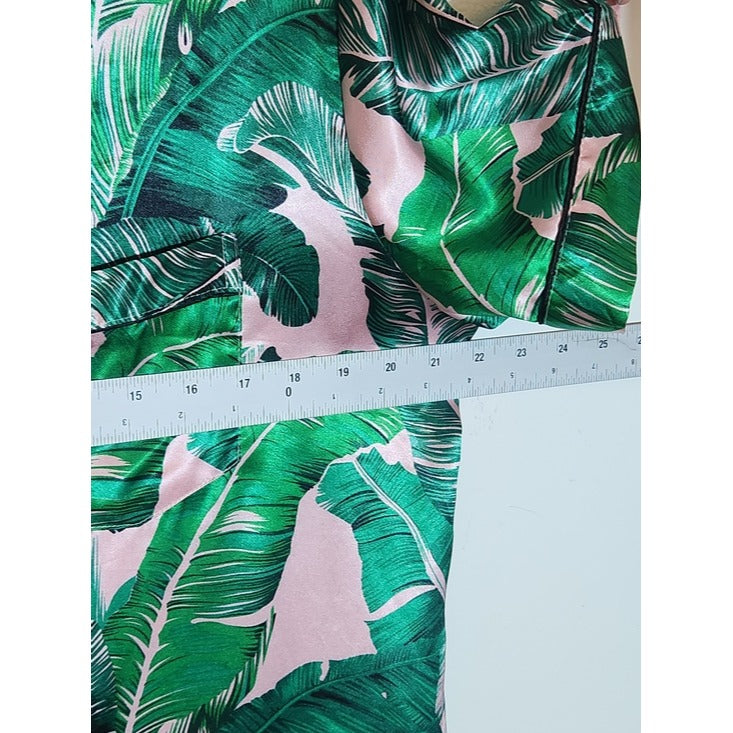 Green and Pink Tropical Palm Print Satin Pajama Set Size Large