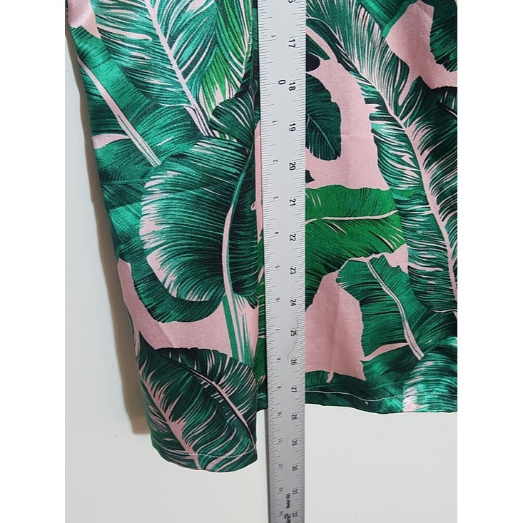 Green and Pink Tropical Palm Print Satin Pajama Set Size Large