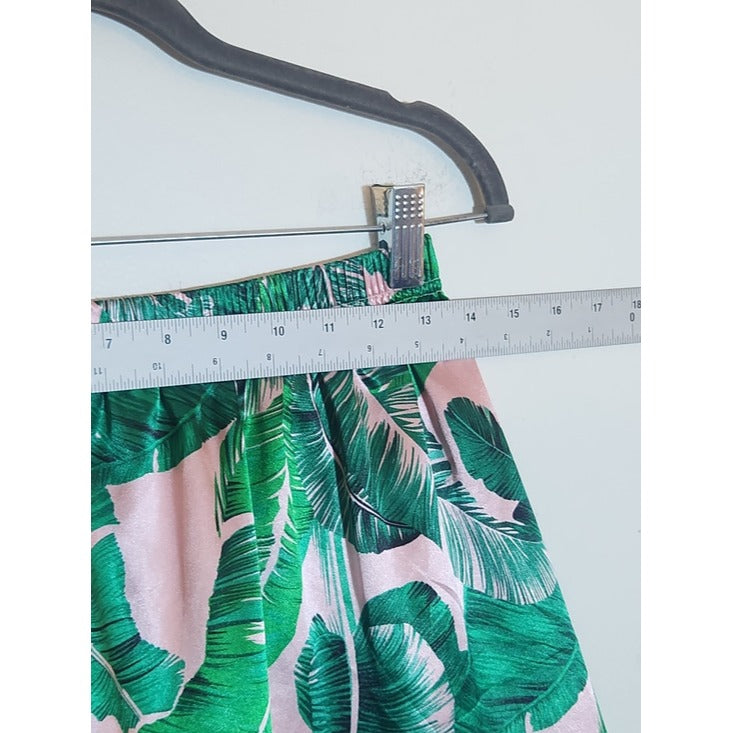 Green and Pink Tropical Palm Print Satin Pajama Set Size Large