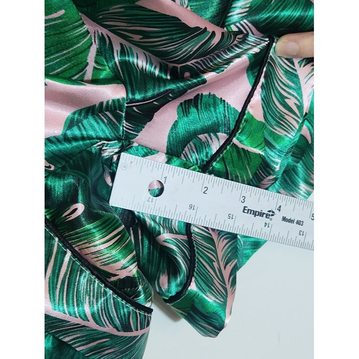 Green and Pink Tropical Palm Print Satin Pajama Set Size Large
