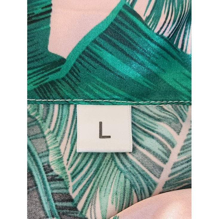 Green and Pink Tropical Palm Print Satin Pajama Set Size Large