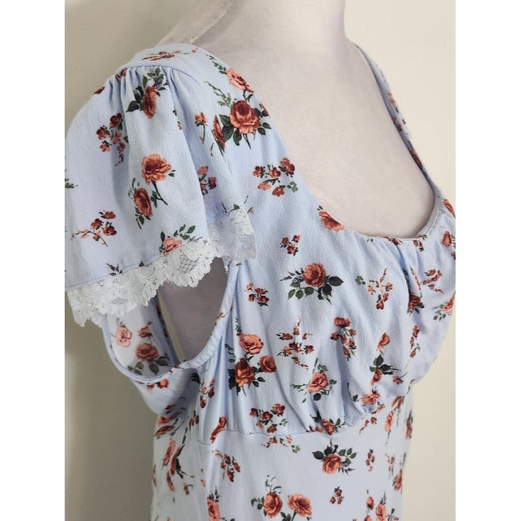 Wild Fable Light Blue and Pink Floral Midi Dress with Back Cutout Size Large