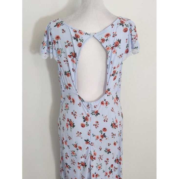 Wild Fable Light Blue and Pink Floral Midi Dress with Back Cutout Size Large