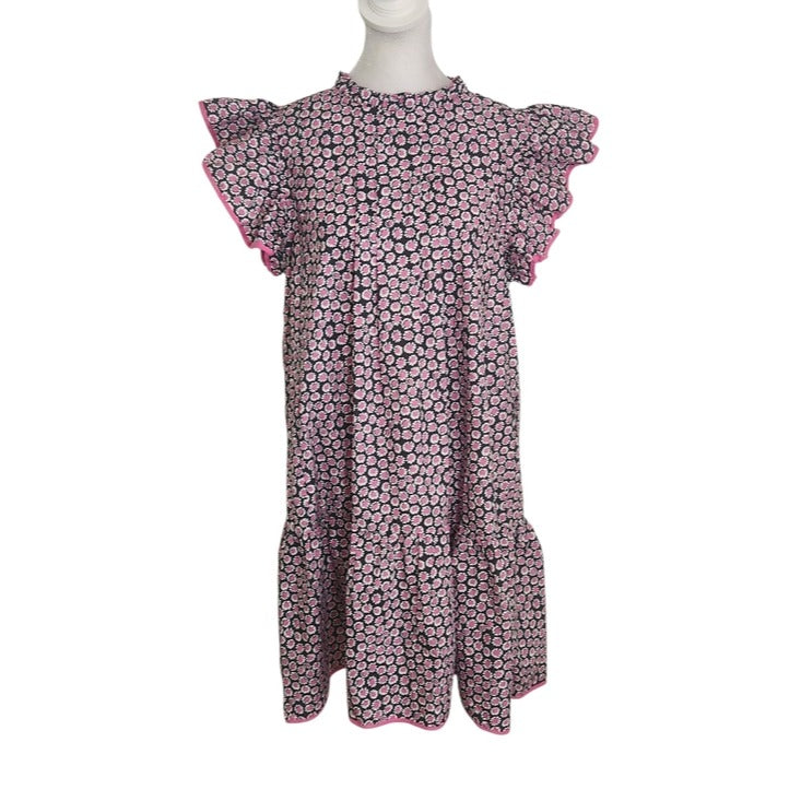 Umgee Pink and Black Floral Ruffle Cap Sleeve Mini Dress Size Small NWT