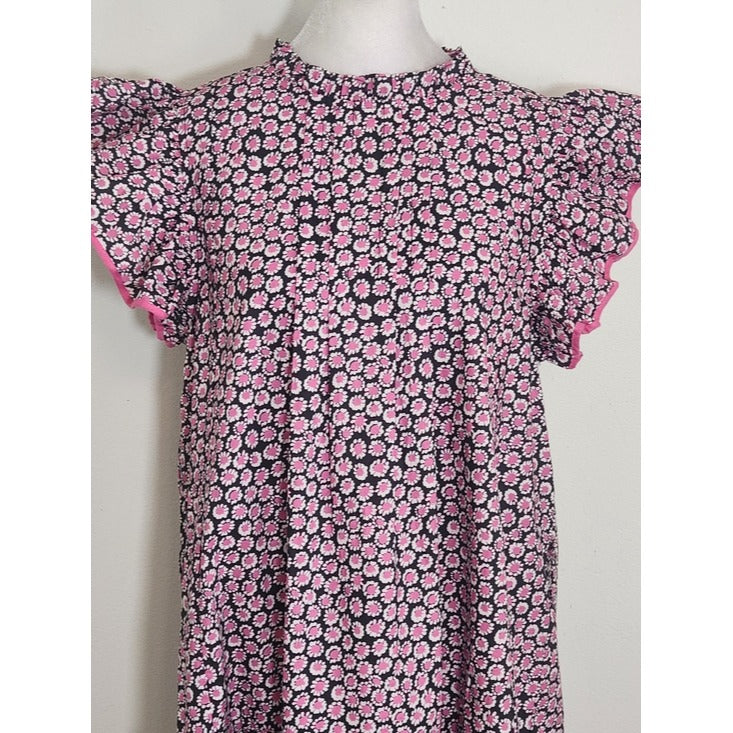 Umgee Pink and Black Floral Ruffle Cap Sleeve Mini Dress Size Small NWT