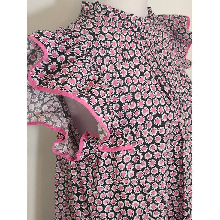 Umgee Pink and Black Floral Ruffle Cap Sleeve Mini Dress Size Small NWT