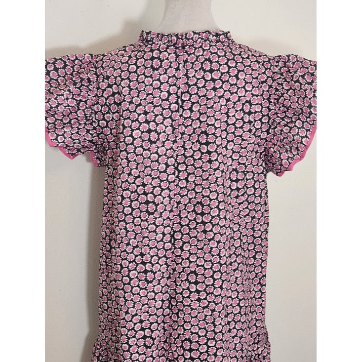 Umgee Pink and Black Floral Ruffle Cap Sleeve Mini Dress Size Small NWT