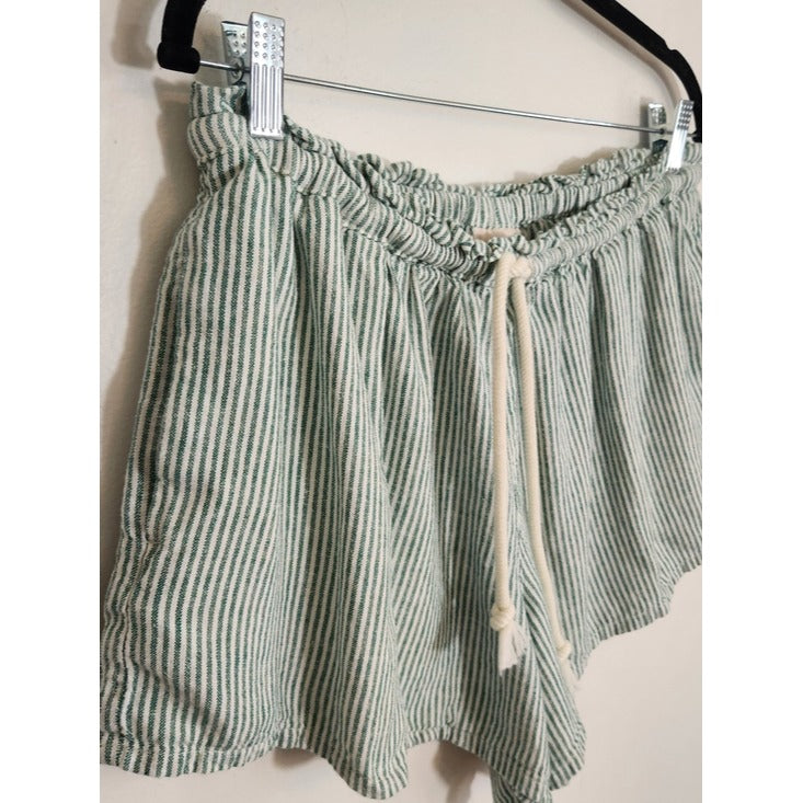 Universal Thread Green and Off-White Stripe Linen Blend Pull On Shorts Sz Medium