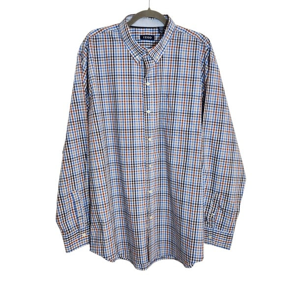 IZOD Mens Blue and Brown Plaid Button Down Shirt Size XXL