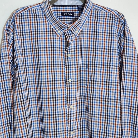 IZOD Mens Blue and Brown Plaid Button Down Shirt Size XXL