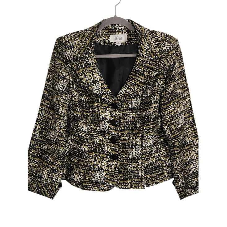 Le Suit Green and Black Print Boxy Blazer Size 12