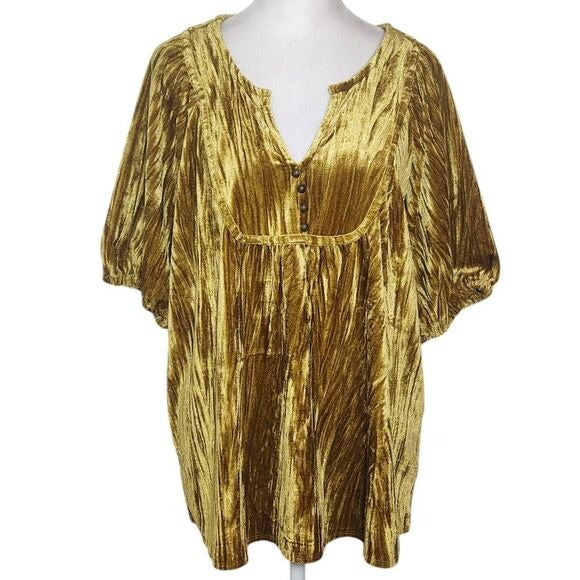 Maurices Dark Gold Crushed Velvet Top with Puffy Sleeves Size Large