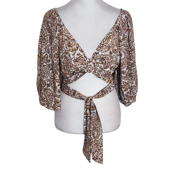MINKPINK Brown and Pink Paisley Tie-Front Cropped Top Size Medium
