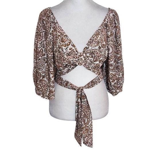MINKPINK Brown and Pink Paisley Tie-Front Cropped Top Size Medium