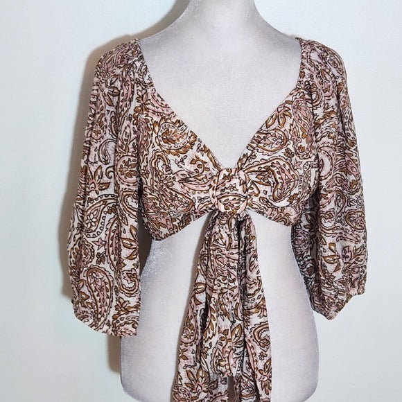 MINKPINK Brown and Pink Paisley Tie-Front Cropped Top Size Medium