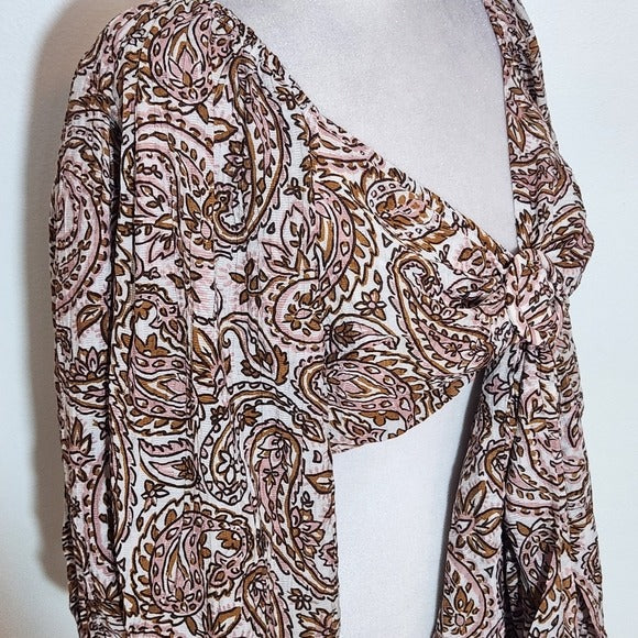 MINKPINK Brown and Pink Paisley Tie-Front Cropped Top Size Medium